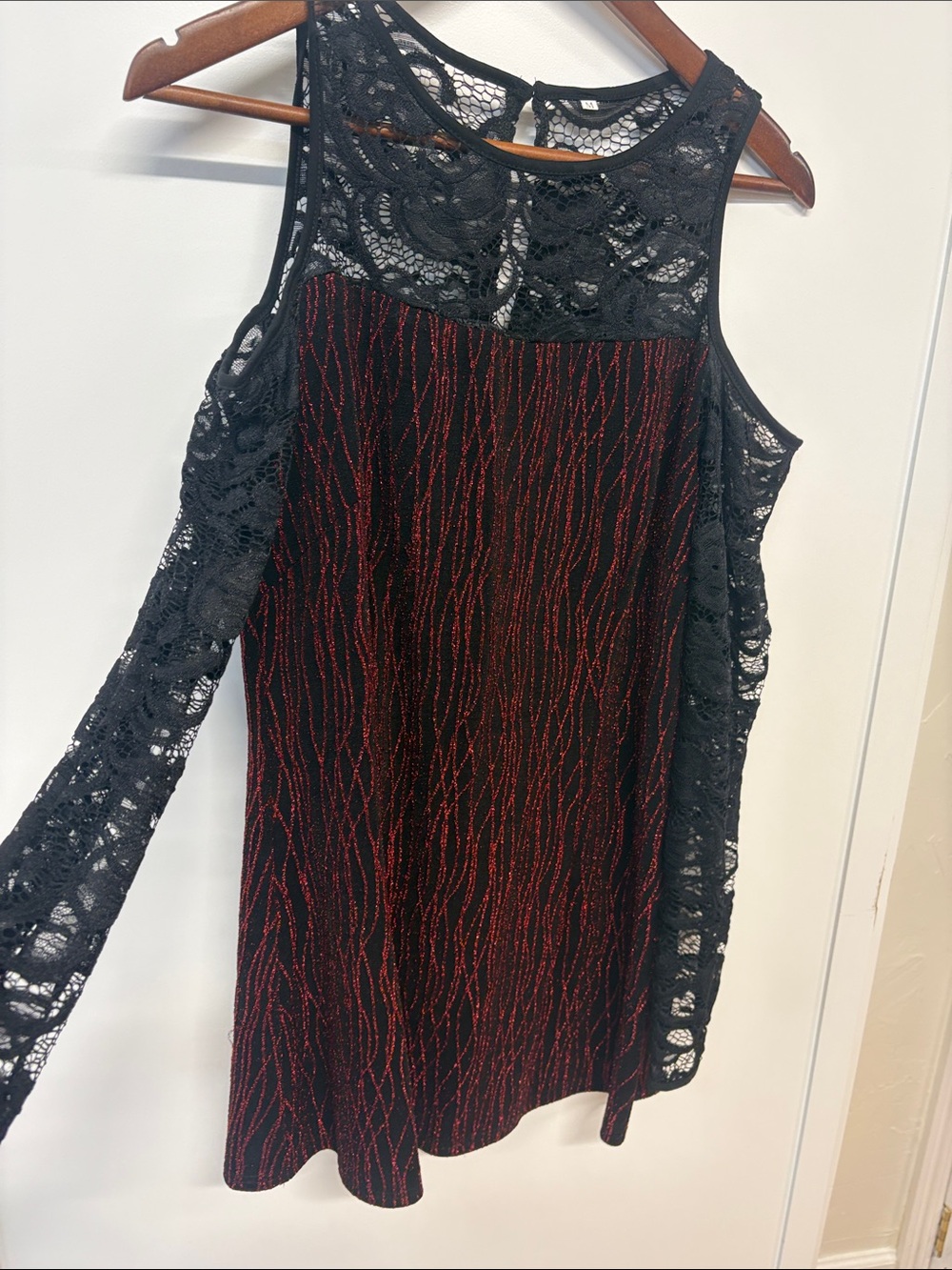 No Shoulder Black Lace Dress with Red Metallic Detail